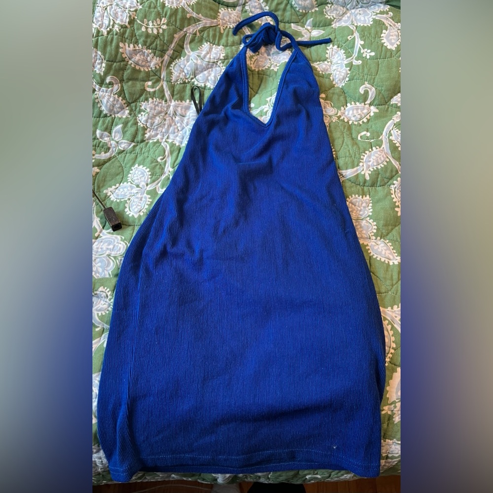 Blue terry cloth like material mini dress with cute back and halter